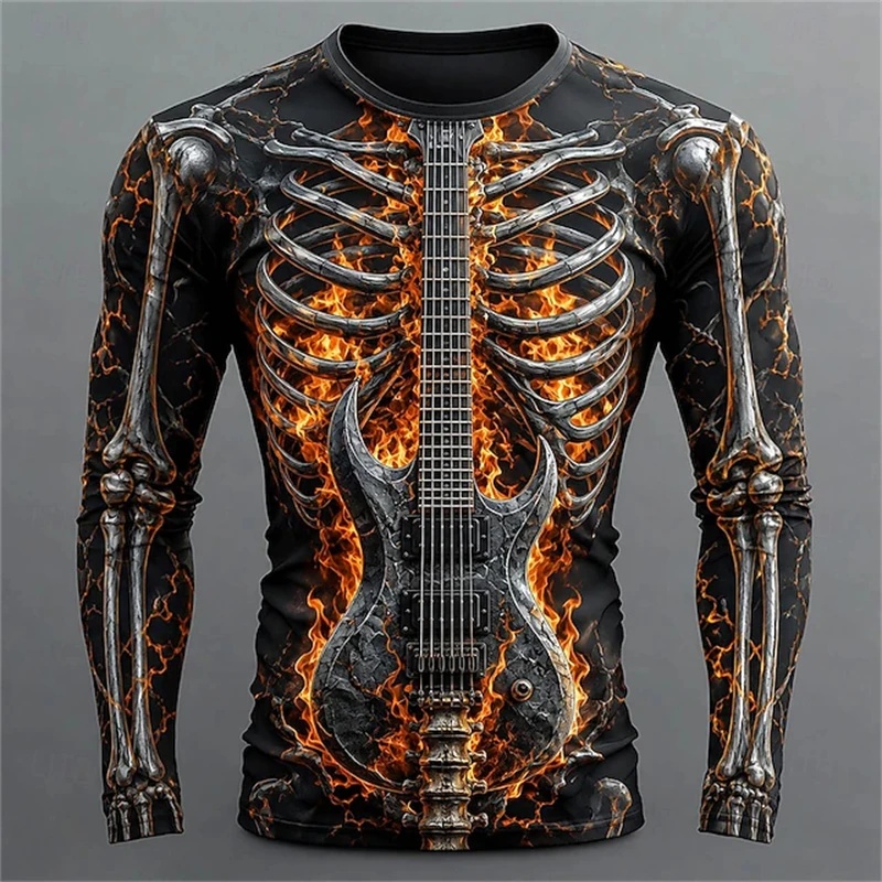 Kaos Lengan Panjang Pria Baru  - 3D Printing Guitar ulasan dan harga